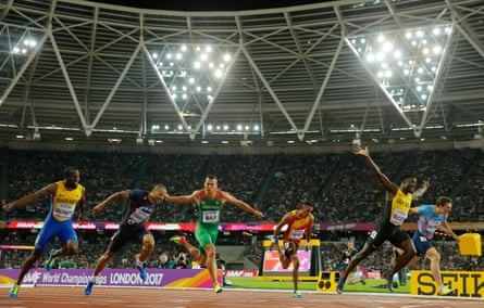 Jamaica’s Omar McLeod crosses the line to take gold in the men’s 110m hurdles.