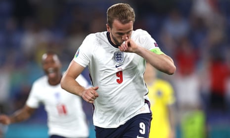 Harry Kane celebrates after scoring his second, and England’s third goal.