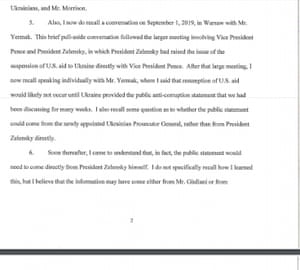 Screen grab of a part of Gordon Sondland’s declaration, submitted in addition to his earlier sworn testimony