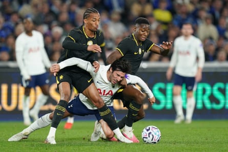 Tottenham’s Sandro Tonali battles for the ball against Chelsea’s João Pedro and Dário Essugo in a Sydney Cup friendly