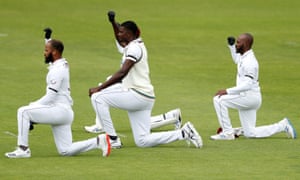 John Campbell, Jason Holder and Jermaine Blackwood of the West Indies take a knee during day one of the 1st Test match at the Ageas Bowl this year.