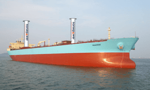 The Maersk container ship fitted with Norsepower rotor sails. The technology was first invented by the German engineer Anton Flettner which he trialled on an Atlantic crossing in 1926.
