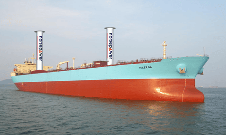 The Maersk container ship fitted with Norsepower rotor sails. The technology was first invented by the German engineer Anton Flettner which he trialled on an Atlantic crossing in 1926.