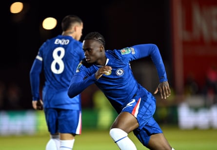 Tyrique George of Chelsea celebrates scoring at Lincoln