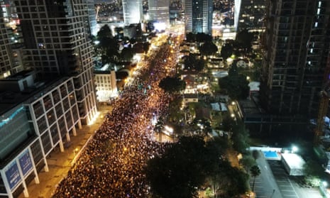 Thousands of people gather to protest Israeli prime minister Benjamin Netanyahu’s reforms in Tel Aviv.