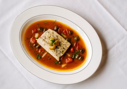 Branzino all’acqua pazza, at Martino’s, London, comes with ‘some very good garlic, pine nut and chilli-strewn broccolini’.