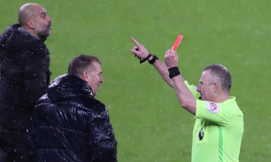 Aston Villa manager Dean Smith was sent off by referee Jon Moss.