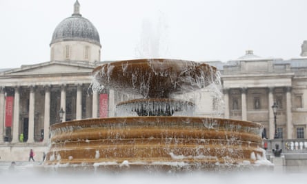 Ice on the fountains in Trafalgar Square, central London.