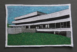 An exterior of the A-listed Royal Commonwealth Pool as created in embroidery by designer Laura Lees.