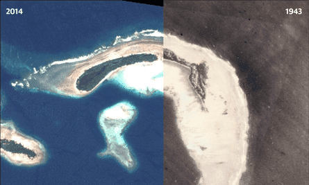 Left: An aerial photo of Sogomou Island in 2014. Right: An aerial photo of Sogomou Island in 1943. More than half the island’s land area has been lost to sea-level rise.