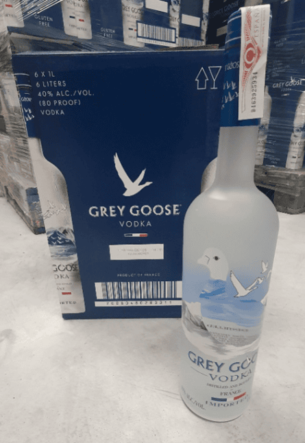 Three and a half pallets of Grey Goose vodka bottles are listed with a starting price of €10,000.