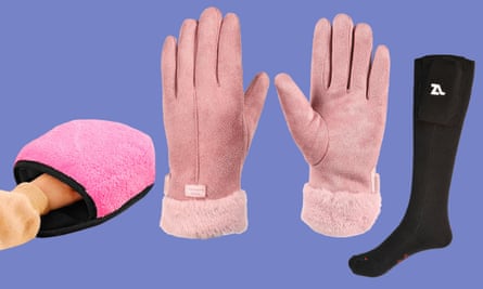 From left: a heated mouse pad and gloves, both from Amazon, heated socks from Zarkie