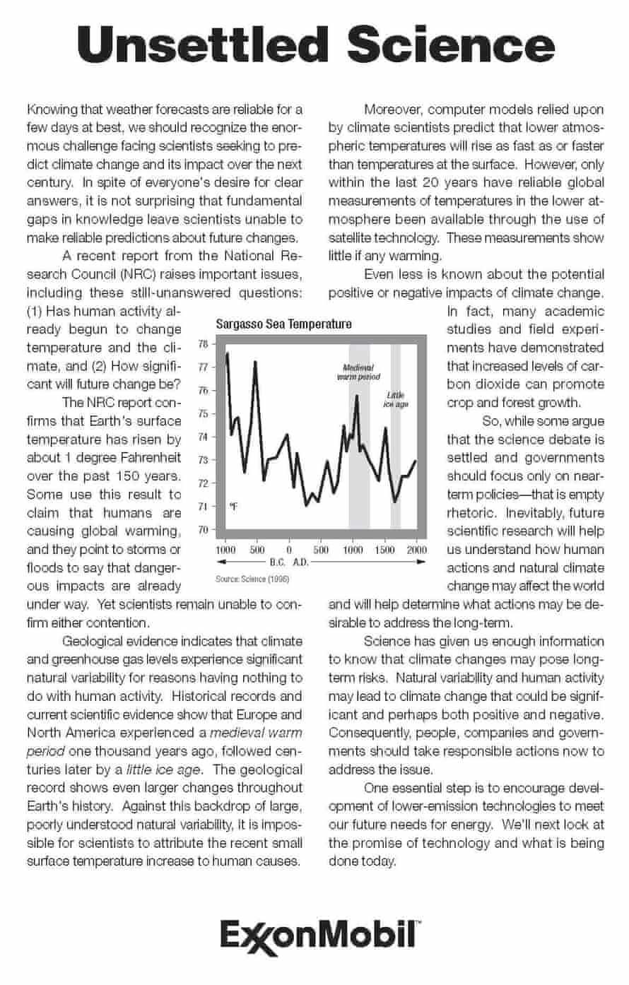 The New York Times, The Wall Street Journal și alte publicații, 2000, de la Mobil: "știință instabilă"
