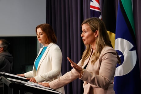 Anika Wells (left) and eSafety commissioner Julie Inman Grant speak to the media at Parliament House on Wednesday morning.