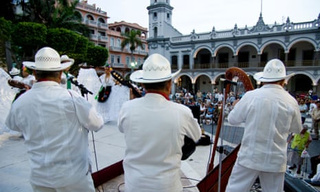 A band plays a Son Jarocho dance in a square in Veracruz, Mexico.