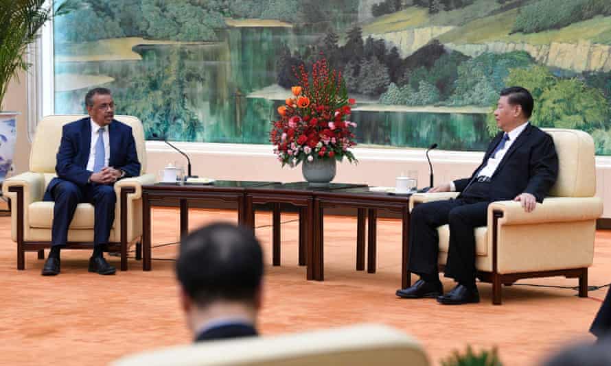 Tedros Adhanom Ghebreyesus, the director general of the WHO, attends a meeting with the Chinese president, Xi Jinping in Beijing on 28 January 2020.