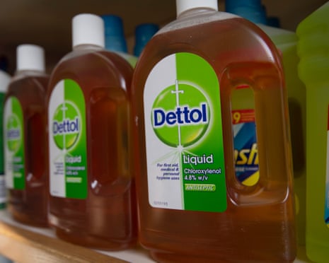 Dettol bottles on a shelf at a pharmacy in London, Britain, 24 April 2020