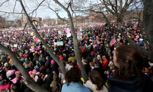 Demonstrators gather on Boston Common during the Boston Women’s March for America.