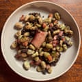Colman Andrews includes thickly sliced bacon and botifarra negra, a Catalan blood sausage.