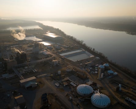 An aerial view of a chemical plant on the Mississippi River
