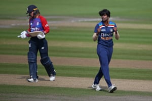 Arundhati Reddy celebrates taking the wicket of Danni Wyatt.
