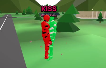 Flora and Mira kissing on a virtual roadside