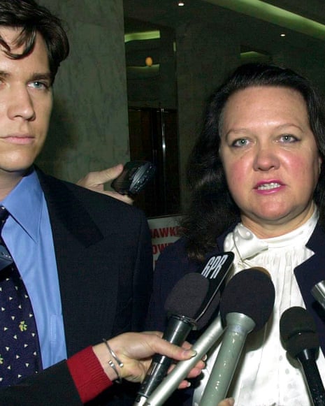 **FILE** An April 26, 2002 file photo of John Hancock and his mother Gina Rinehart speaking to the media after hearing the decision into her father's death at the coroner's court in Perth. Gina Rinehart lost her appeal, Friday, March 10, 2012, to keep a bitter legal dispute between three of her children confidential. (AAP Image/Andy Tyndall) NO ARCHIVING