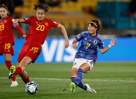 Japan’s Hinata Miyazawa slots the ball home to open the scoring against Spain.