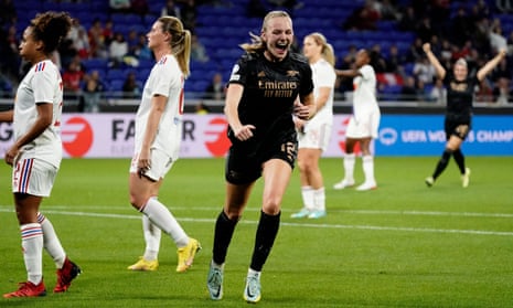 Frida Maanum of Arsenal celebrates after she puts her side 2-0 ahead against Lyon.