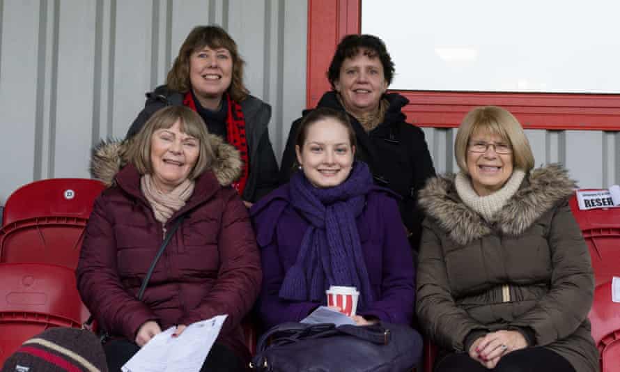A group of female fans enjoy the Altrincham FC versus Gloucester City match in January.