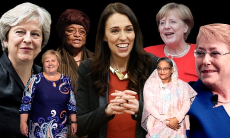 Female leaders: Theresa May; Beata Szydlo; Hilda Heine; Jacinda Ardern; Sheikh Hasina; Angela Merkel; Michelle Bachelet.