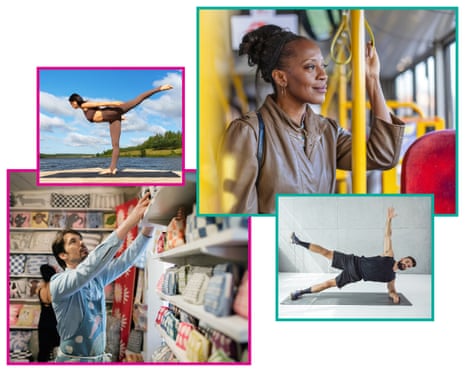 A composite of four photographs. Two show everyday activities – a woman standing on a bus and a man taking a box off a high shelf. The other two show the corresponding exercises that help with those tasks – respectively, the side plank and the ‘warrior three’ element of the ‘tree-to-three’