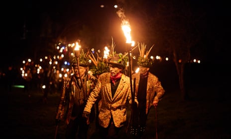 The Leominster morris leading the annual wassail in Eardisland, Worcestershire.