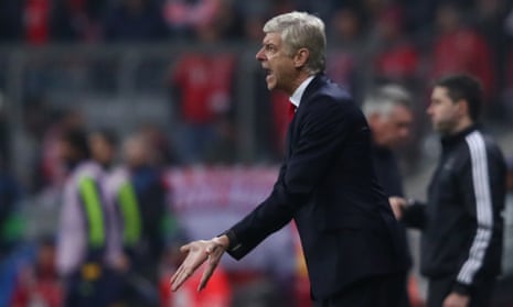 Arsène Wenger tries to get a point over to Arsenal’s players during the 5-1 Champions League defeat at Bayern Munich.