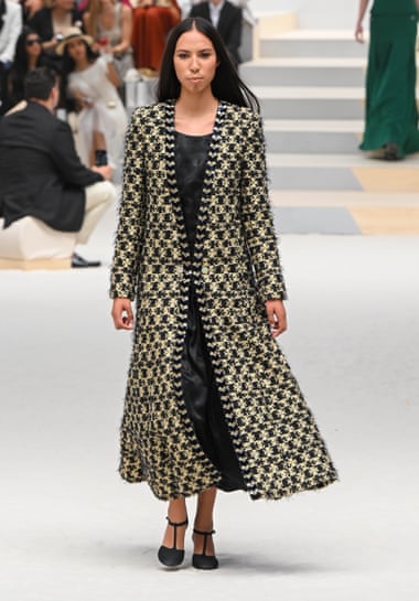 Chanel catwalk show – model in long tweed coat