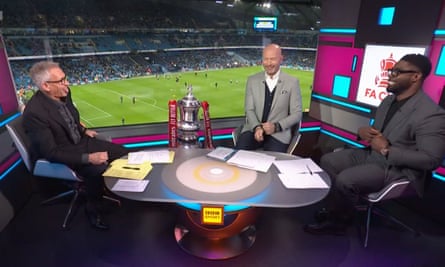 Gary Lineker with Alan Shearer (centre) and Micah Richards on FA Cup Match of the Day between Manchester City v Burnley.