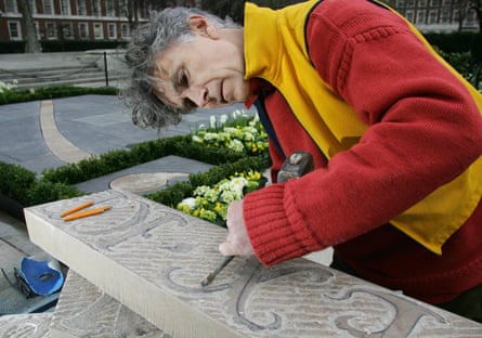 Sculptor Simon Verity chisels a sectionLONDON, UNITED KINGDOM: Sculptor Simon Verity chisels a section of hand-carved paving of a map of the United Kingdom, in Grosvenor Square which will make up the British Memorial Garden in London 31 March 2005. The stonework will feature in a memorial garden in Hanover Square, New York, and will celebrate the friendship between the U.K and the U.S as well as honour the 67 British victims of 9/11. AFP PHOTO ADRIAN DENNIS (Photo credit should read ADRIAN DENNIS/AFP via Getty Images)