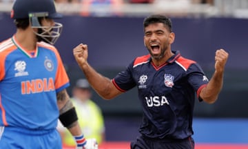 United States’ Saurabh Nethralvakar celebrates the dismissal of Virat Kohli (left) with the second ball of India’s innings.