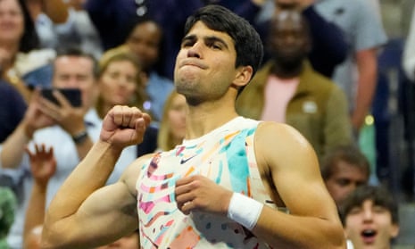Carlos Alcaraz celebrates beating Lloyd Harris in the second round of the 2023 US Open at Flushing Meadows.
