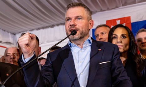 Peter Pellegrini speaks after winning Slovakia's presidential election run-off in Bratislava on 6 April 2024. 