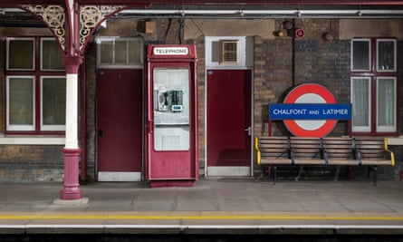 The maroon K8 phone box at Chalfont and Latimer London Underground station.