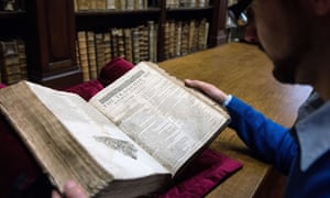 Remy Cordonnier, librarian in the northern town of Saint-Omer, near Calais carefully shows an example of a valuable Shakespeare “First Folio”, a collection of some of his plays, dating from 1623.