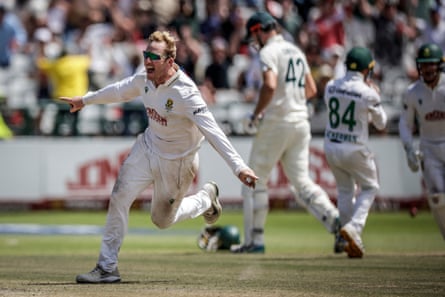 Simon Harmer celebrates taking the wicket of Cameron Green.