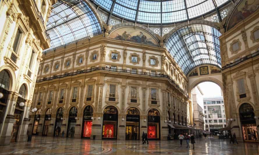 The nearly empty Galleria Vittorio Emanuele II in Milan when Lombardy went into lockdown on 8 March.