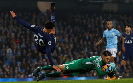 Manchester City’s Ederson collects the ball from Tottenham’s Dele Alli.