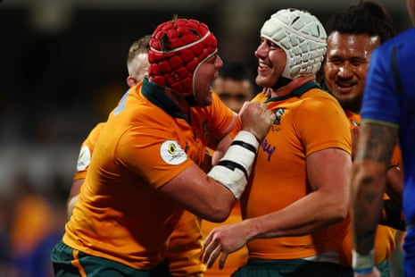 Josh Canham scores the Wallabies' seventh try during the Nations Championship match against Italy at HBF Park