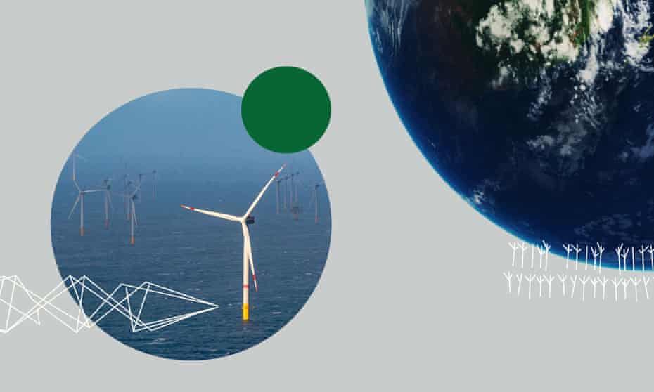 Graphic: wind turbine and planet Earth