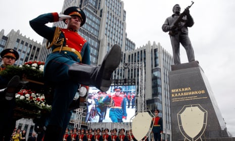 Guards at the unveiling ceremony of a statue of Mikhail Kalashnikov, the Russian inventor of the fabled AK-47 assault rifle, in Moscow