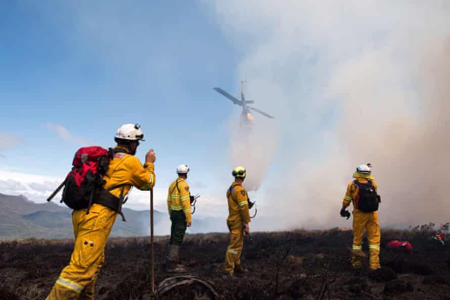 Firefighters at the scene of a Tasmania wildfire