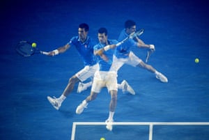 A multiple exposure of Serbian tennis star Novak Djokovic as he plays Milos Raonic of Canada during their quarter-final match at the Australian Open in Melbourne, on 28 January. Djokovic went on to beat Briton Andy Murray in the final.